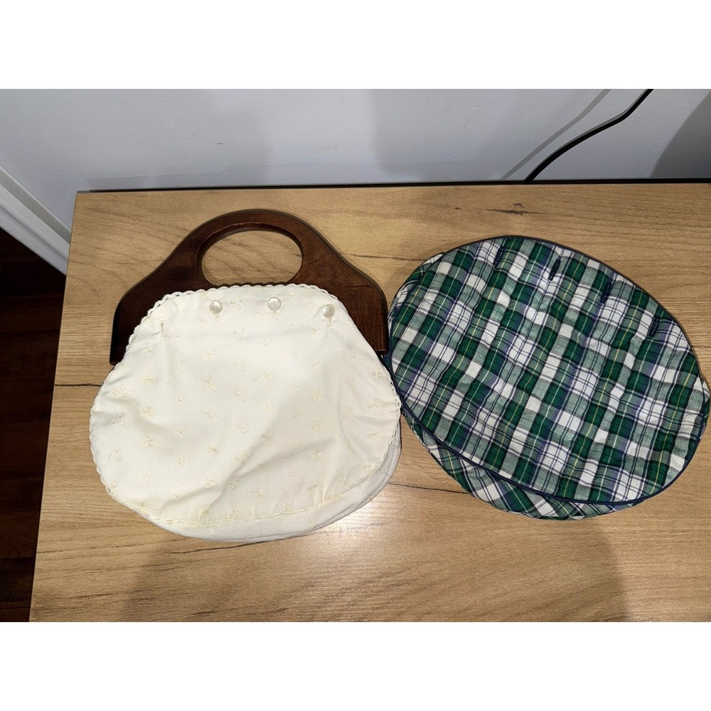 Vintage De' Lanthe Bermuda Bag Lace Blue Tartan Plaid Wood Handles Wool Retro P